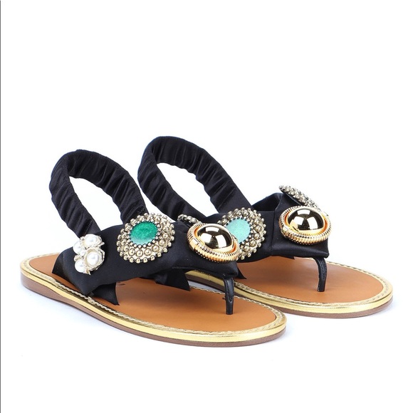 Miu Miu Shoes - Miu Miu Black Satin Rhinestone Pearl Thong Sandals